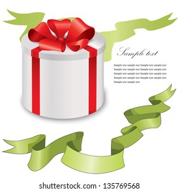 Gift box with red ribbons bow and green ribbon isolated over white. Vector illustration Set.