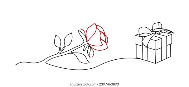 gift box and red rose flower, line art vector, isolated on white background eps 10