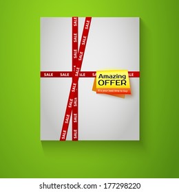 Gift box with red sale tape on green background. Special offer. Vector illustration eps10.