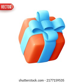Gift box. Red Square gift surprise. Decor for birthday, Christmas and new year. Realistic 3d design In plastic cartoon style. Icon isolated on white background. Vector illustration