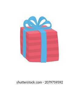 Gift box, red striped box with a blue bow. Gift for Christmas, Valentine's Day or Birthday