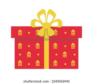 Gift in box with red wrapping paper with houses pattern, yellow ribbon and bow. Vector illustration isolated design