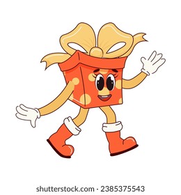 Gift box. Retro character in cartoon fashionable groovy style. The atmosphere is from the 60s and 70s. Merry Christmas and Happy New Year. Vector illustration