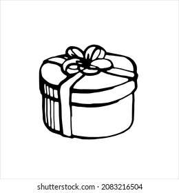 Gift box with ribbon and bow. Black and white clip-art. Vector