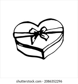 Gift box with ribbon and bow. Black and white clip-art. Vector