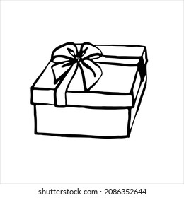 Gift box with ribbon and bow. Black and white clip-art. Vector