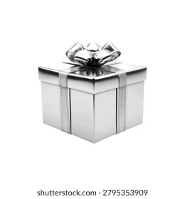 Gift box with ribbon bow in black and white halftone style isolated on light background. Present package illustration for celebration, holiday, surprise and special occasion concept.