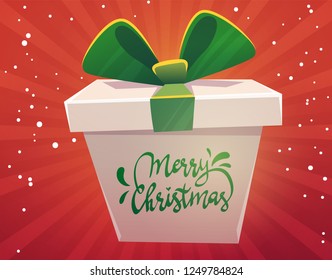 gift box with ribbon and bow , cartoon style boxes presetns . Christmas, birthday, holidays concept. funny calligraphy lettering sign . Vector illustration