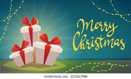 gift box with ribbon and bow , cartoon style boxes presetns . Christmas, birthday, holidays concept. funny calligraphy lettering sign . Vector illustration