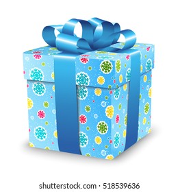 Gift Box with ribbon bow and colorful snowflakes for holiday Christmas and Happy New year. Vector illustration