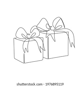 Gift box with ribbon bow Continuous line drawing. Wrapped surprise package for christmas or birthday party isolated on white background. Party and celebration concept. Vector minimalism design