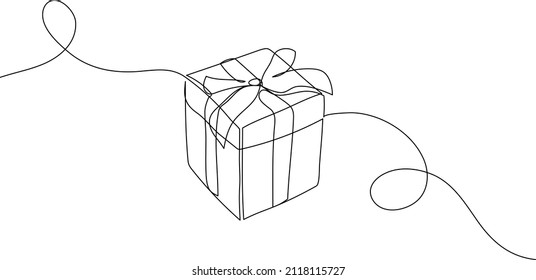 Gift box with ribbon bow. Continuous line drawing. Surprise package concept. Minimal vector illustration.