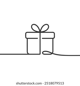 Gift box with a ribbon bow. Contour one line drawing. 