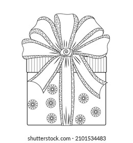 Gift box with ribbon, bow and doodle patterns. Black outline drawing on a white background. Coloring book for adults and children. Decorative element for printing