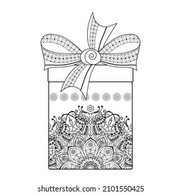 Caja de regalo con motivos de cinta, arco y doodle. Dibujo de contorno negro sobre fondo blanco. Libro de Colores para adultos y niños. Elemento decorativo para imprimir