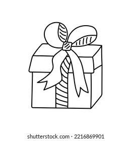 Gift box with ribbon and bow in doodle style. Black and white vector illustration for coloring book.