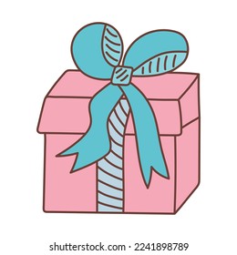 Caja de regalo con cinta y arco en estilo doodle. Presente para las vacaciones aisladas de fondo blanco.