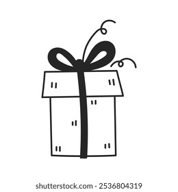 Gift Box with Ribbon Bow Doodle Icon. Hand drawn Christmas or Birthday present. Outline vector illustration in sketch style