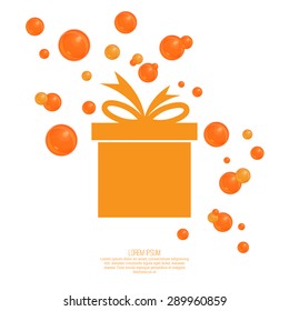 Gift box with ribbon and bow and festive orange balls. 