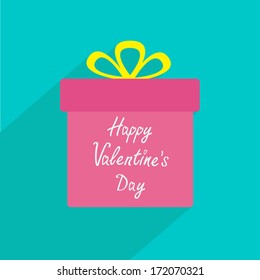 Caja de regalo con cinta y lazo. Diseño plano con sombra larga. Tarjeta del día de San Valentín feliz. Ilustración vectorial.