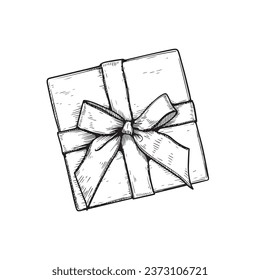 Gift box with ribbon and bow. Hand drawn sketch illustration. Top view close up drawing of gift box  isolated on white background.
