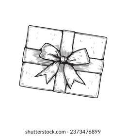 Caja de regalo con cinta y arco. Ilustración de esbozo dibujada a mano. Vista superior cerrar el dibujo de la caja de regalo aislado en fondo blanco.
