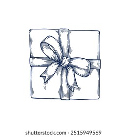 Gift box with a ribbon and a bow hand drawn Isolated vector illustration. Present sketch symbol for celebrate, birthday party, holiday, sale poster, festive, new year invitation. Engraving style.