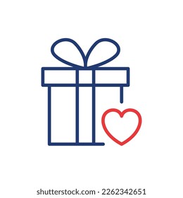 Gift Box with Ribbon Bow and Heart Line Icon. Giftbox in Donation and Charity Concept Linear Pictogram. Surprise Box for Holiday Outline Icon. Editable Stroke. Isolated Vector Illustration.