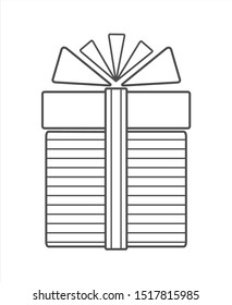 Gift Box With Ribbon And Bow, Icon. Gift For Christmas, New Year, Birthday, Holiday. Contour Vector Illustration, Outline. For Coloring Book Page.