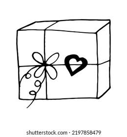 gift box with ribbon and bow isolated on white. hand drawn in doodle style