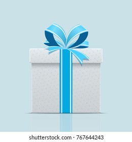 Gift box with ribbon and bow. Isolated vector illustration on blue background.