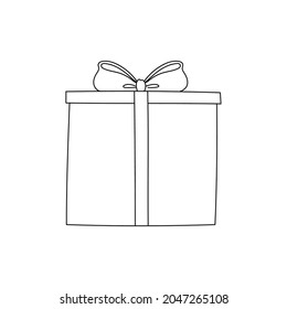 Gift box with ribbon and bow. Line art. Doodle style. Clipart object for birthday, holiday, Christmas, New Year cards, banners, sale concepts. Isolated vector illustration 