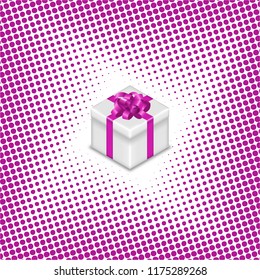 Gift box with ribbon and bow on halftone background, vector illustration.