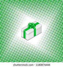 Gift box with ribbon and bow on halftone background, vector illustration.