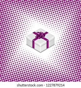 Gift box with ribbon and bow on halftone background, vector illustration.