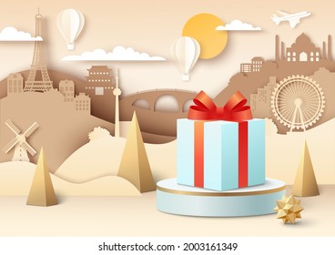 Gift box with ribbon and bow on display podium, paper cut plane, hot air balloons flying over world famous landmark silhouettes, vector illustration. Travel bonus loyalty program.