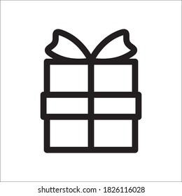 Gift box with ribbon and bow. Present icon illustration on white background. Celebration, sale symbol. New year, birthday, festive symbol.  Flat web icons for advertising, social media, online shops. 