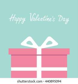 Gift box with ribbon and bow. Present giftbox. Flat design. Happy Valentines Day card. Blue background. Vector illustration