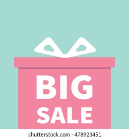 Gift box with ribbon and bow. Present giftbox. Big sale advertising banner poster. Special offer. Blue background. Isolated. Flat design. Vector illustration