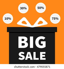 Gift box with ribbon and bow. Present giftbox. Big sale halloween advertising banner poster. Round circle 10, 30, 50, 75 % percent off sticker set. Special offer. Orange background. Flat design Vector