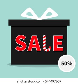 Gift box with ribbon and bow. Present giftbox. Big sale Merry Christmas advertising banner poster. Round circle 50 percent off sticker. Special offer. Blue background. Isolated. Flat design. Vector
