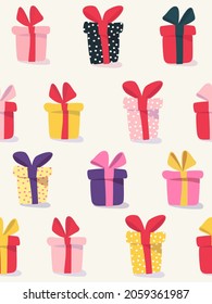 Caja de regalo con cinta y arco, presenta un patrón sin fisuras vectorial. Ilustración colorida dibujada a mano. Concepto de compra de venta. Cumpleaños, papel de envoltura de Navidad, paquete. Dibujo plano.