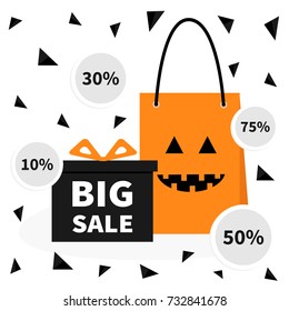 Gift box ribbon and bow. Pumpkin face shopping bag Present giftbox Big sale halloween advertising banner poster. 10, 30, 50, 75 percent sticker set. Special offer White triangle background Flat Vector