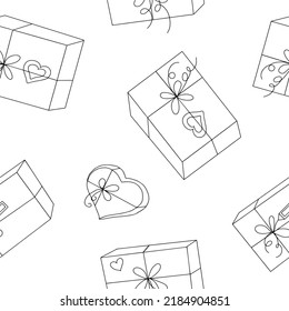 Geschenkbox mit Band und Schleife nahtlos Muster. handgezeichnet im Doodstil