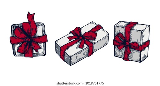 Gift box with ribbon and bow set. Template for sale, Merry Christmas, Happy New Year poster, greeting card. Isolated on white background.