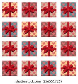 Gift box with ribbon and bow set collection on white background art decor design pack clipart 