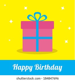 Gift box with ribbon and bow with sparkles. Happy Birthday card. Vector illustration.