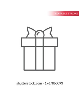 Caja de regalo con cinta o vector de línea delgada de arco. Icono de contorno, trazo modificable.