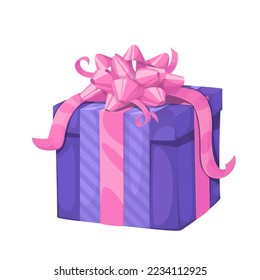 Geschenkbox mit Band und Bugvektorgrafik. Cartoon einzeln violettes Geschenkpaket mit Papierverpackung und rosafarbenem Band, Geburtstag oder Jahrestag, Weihnachtsgeschenkbox, violettes Überraschungspaket