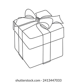 Gift box with ribbon bow vector icon. Hand drawn illustration. One line continuous drawing. Outline print, banner, greeting card, poster, sign, logo, holiday symbol, birthday present.